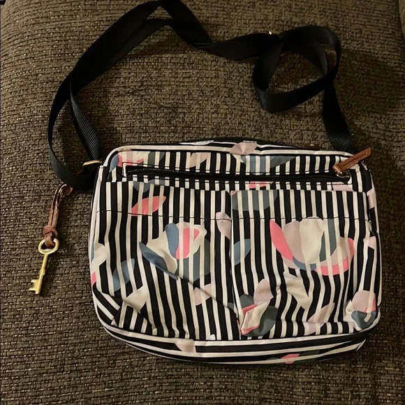 Black and White Striped Crossbody Bag with Heart Accents - Picture 2 of 8